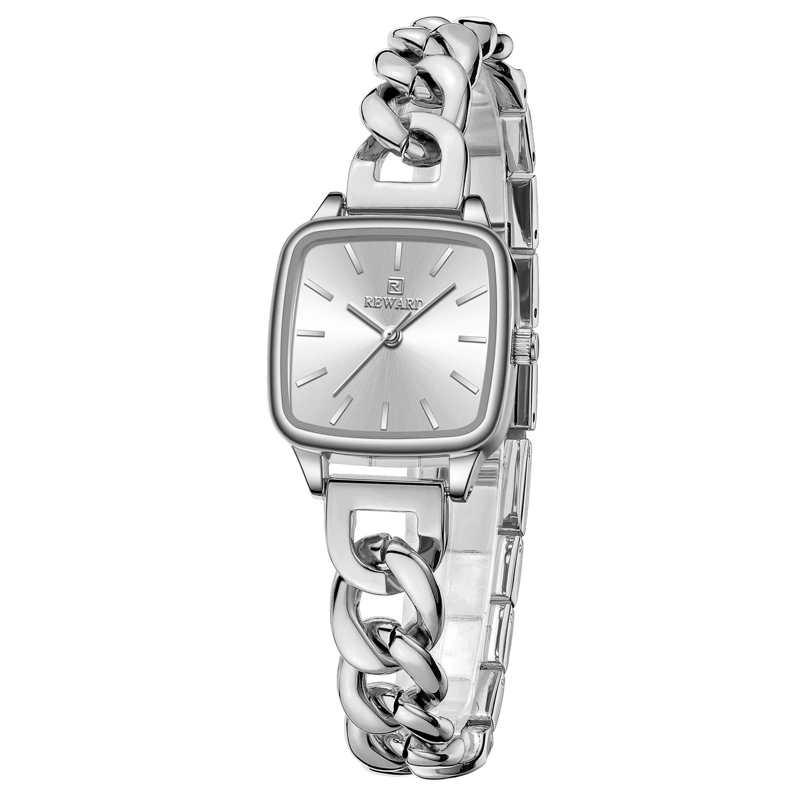 Relógio feminino prata com formato quadrado elegante e design minimalista
