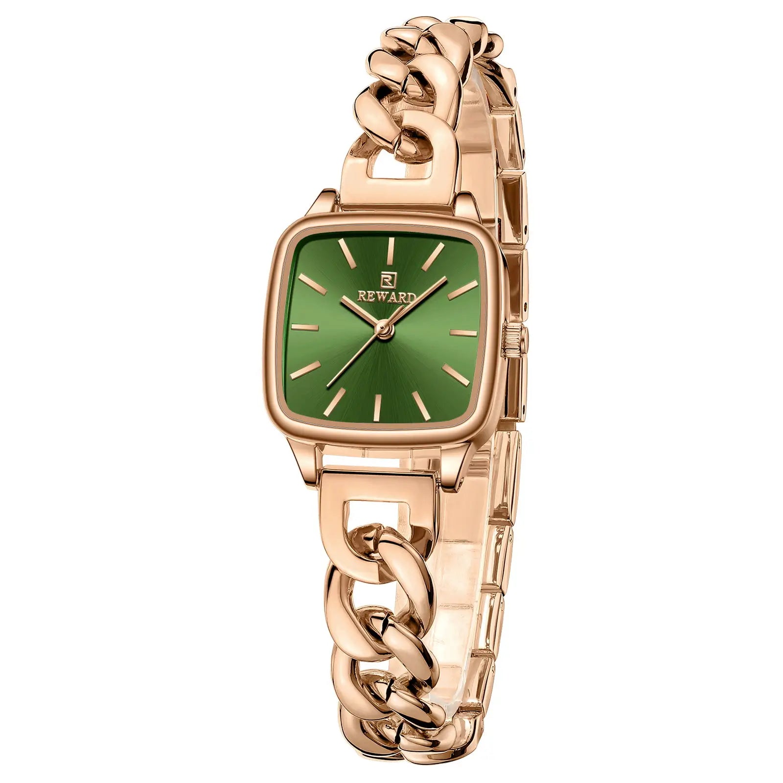 Relógio feminino pequeno cor rosé gold e formato quadrado sendo visto de lado destacando sua coroa e mostrador verde esmeralda
