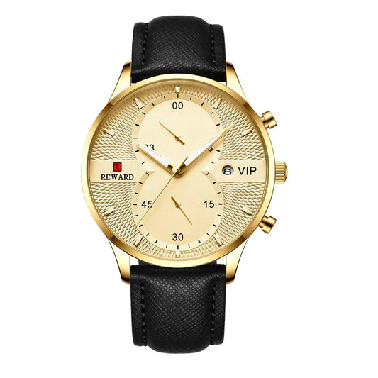 Relógio masculino com pulseira de couro e caixa dourada – modelo Linéar