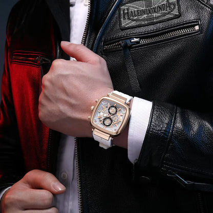 Relógio masculino branco no pulso modelo Reward VIP Monaco com movimento quartzo