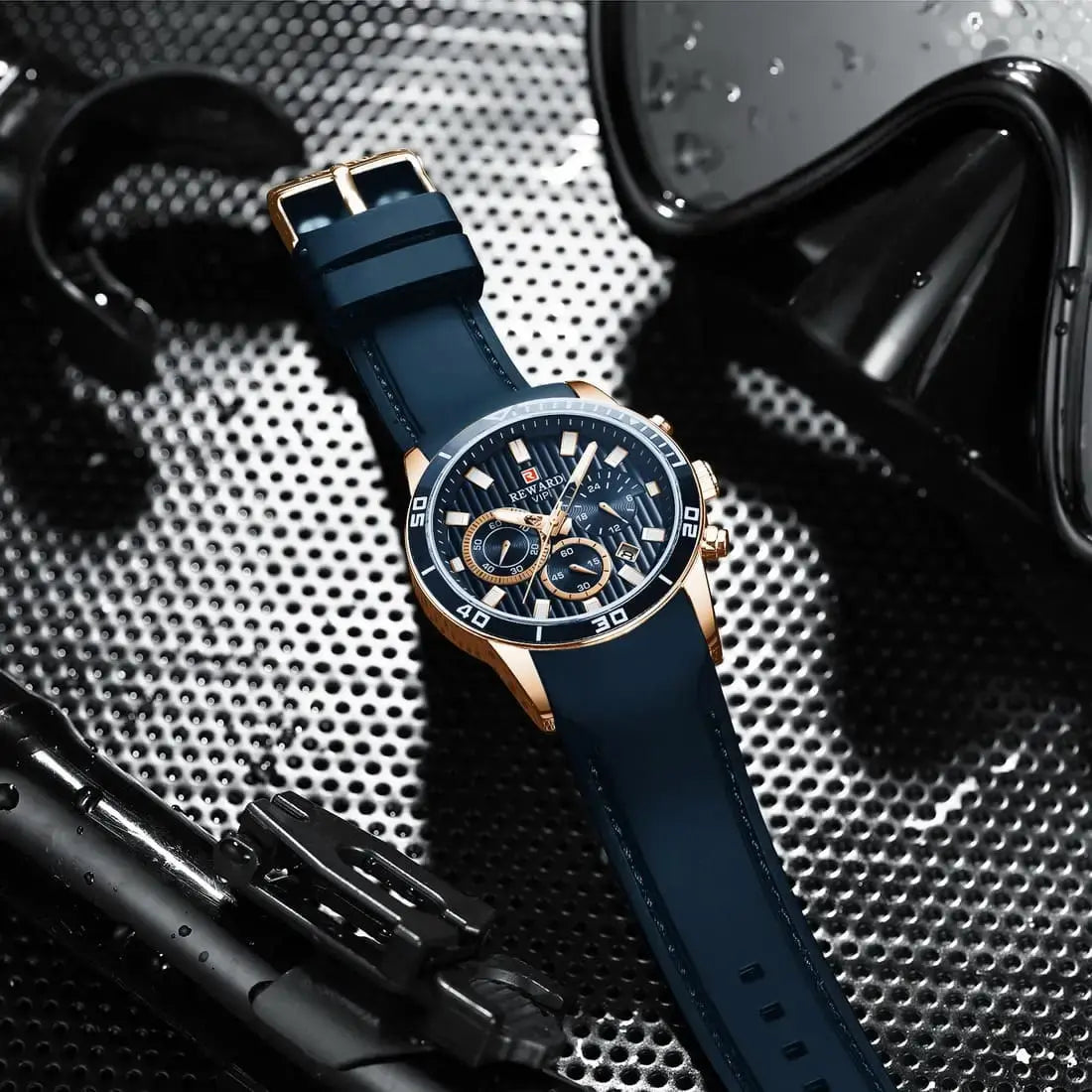 Detalhe da pulseira de silicone azul do relógio Aurion Sport, com acabamento ergonômico e elegante