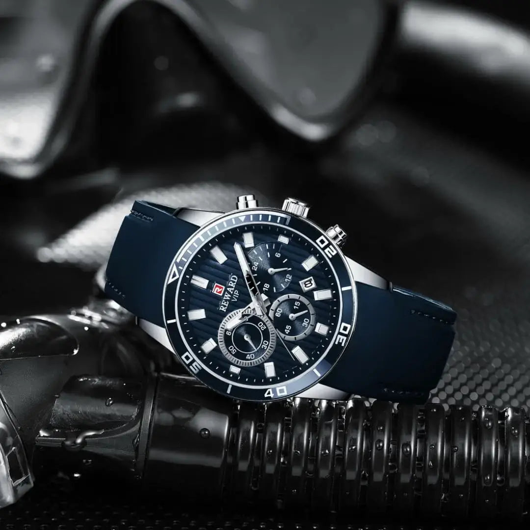 Relógio masculino azul com cristal mineral mostrador azul, cronógrafo e movimento quartzo