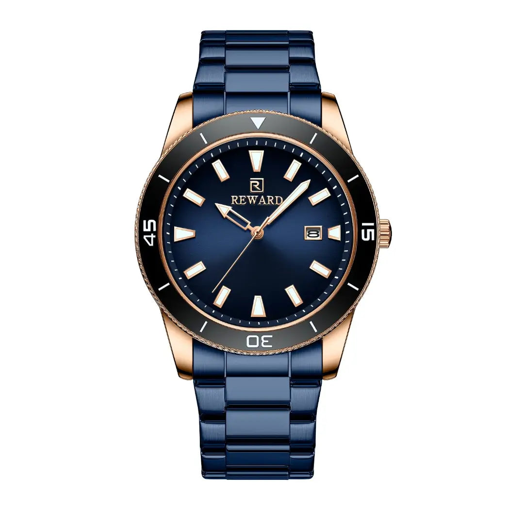 Relógio masculino azul Reward VIP Heritage em vista frontal com mostrador elegante, caixa metálica e acabamento sofisticado