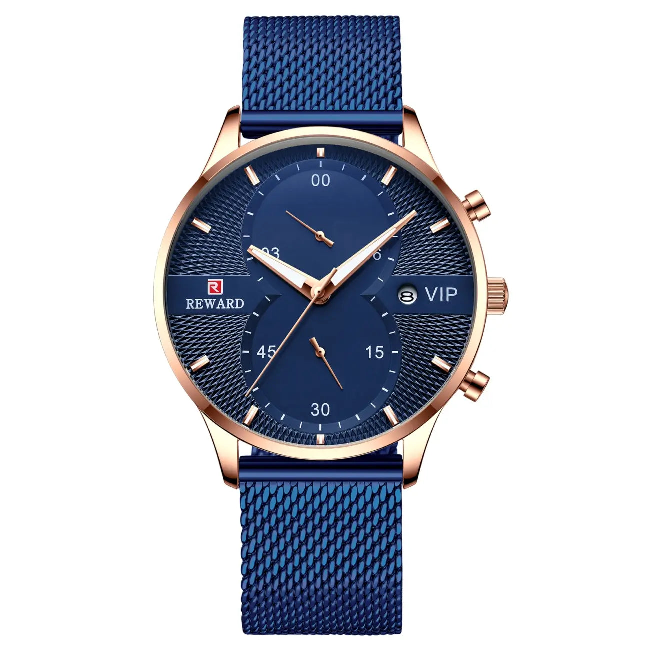 Relógio masculino azul Reward VIP Linear com caixa rose gold em vista frontal, mostrando o mostrador refinado e design elegante