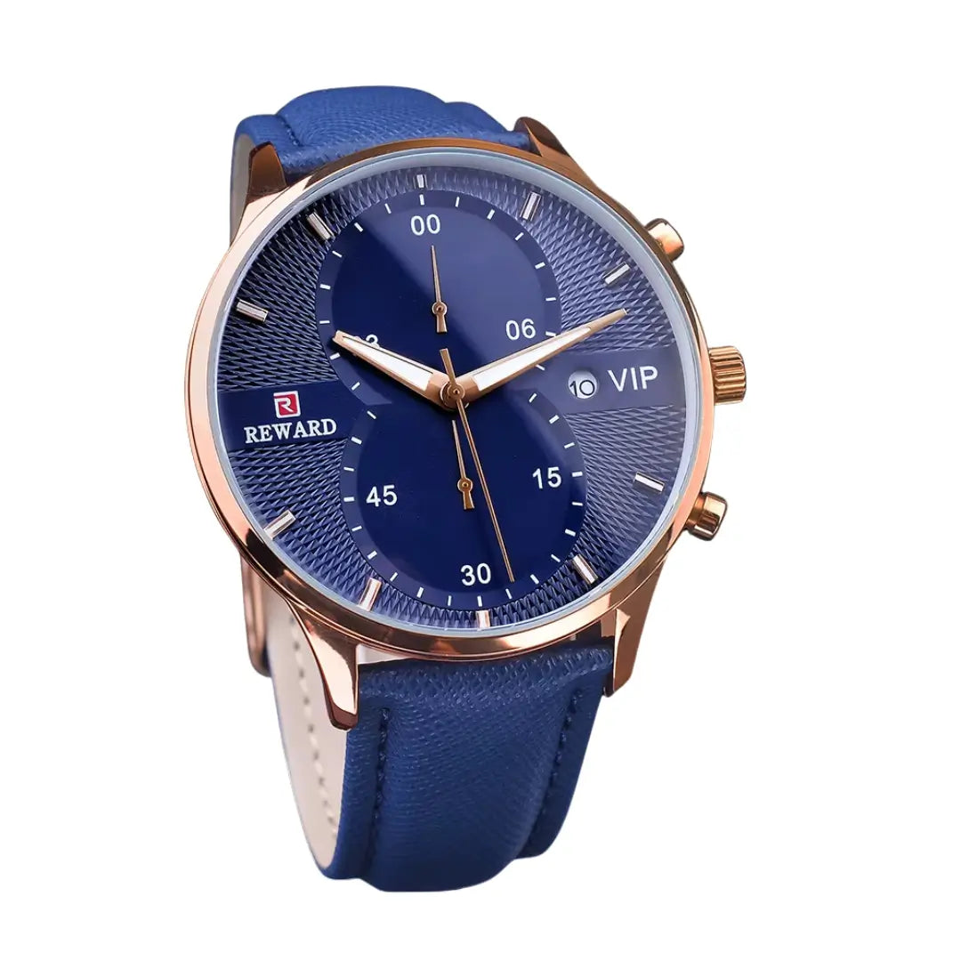 Relógio masculino azul Reward VIP Linear em vista lateral, com caixa metálica refinada e pulseira em couro azul com acabamento premium