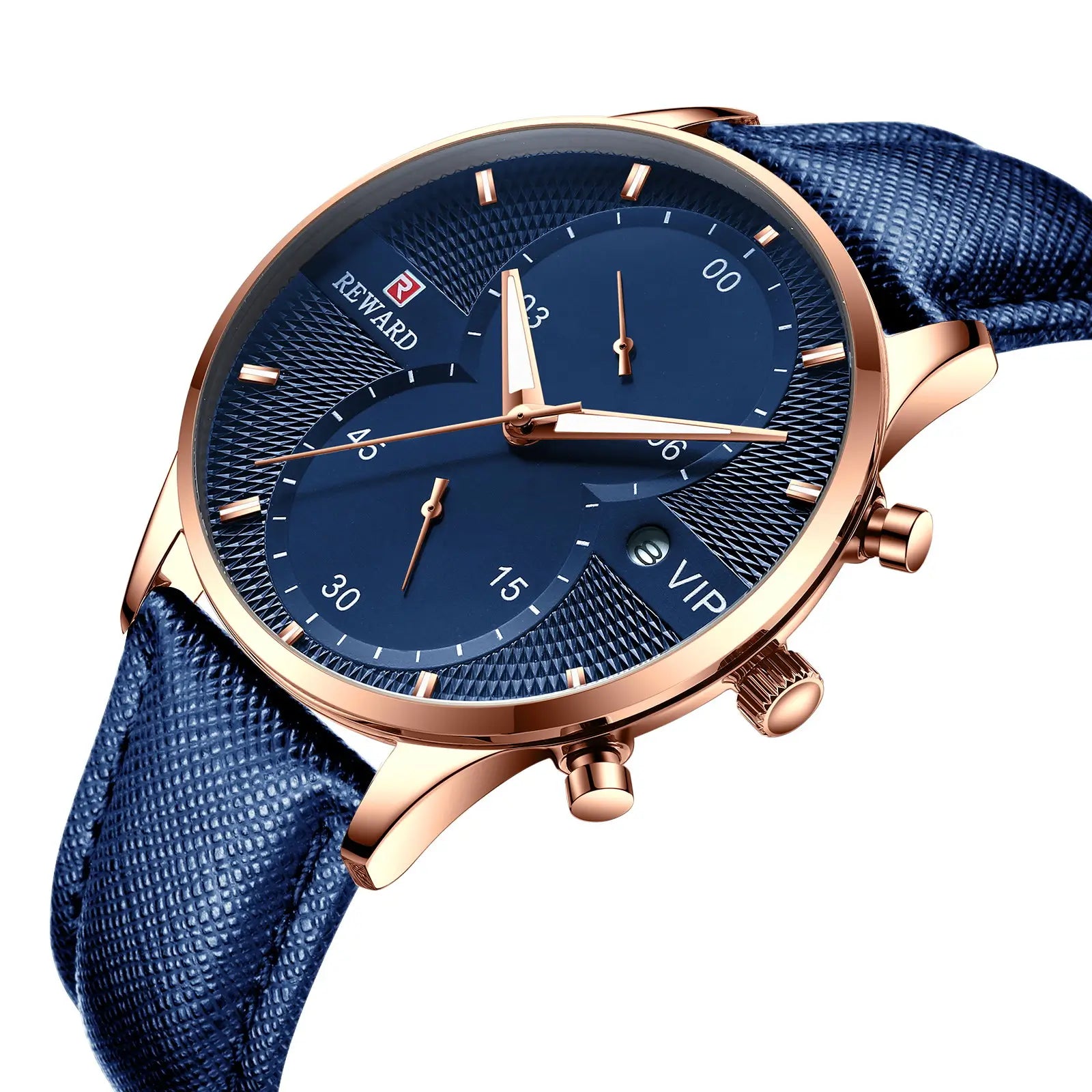 Relógio masculino azul Reward VIP Linear com foco no mostrador clean e na caixa metálica polida, destacando acabamento elegante e design minimalista