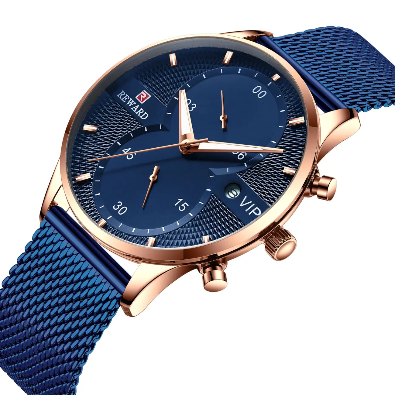 Mostrador azul do relógio masculino Reward VIP Linear, com visual minimalista e acabamento elegante, realçado pela caixa metálica rose gold