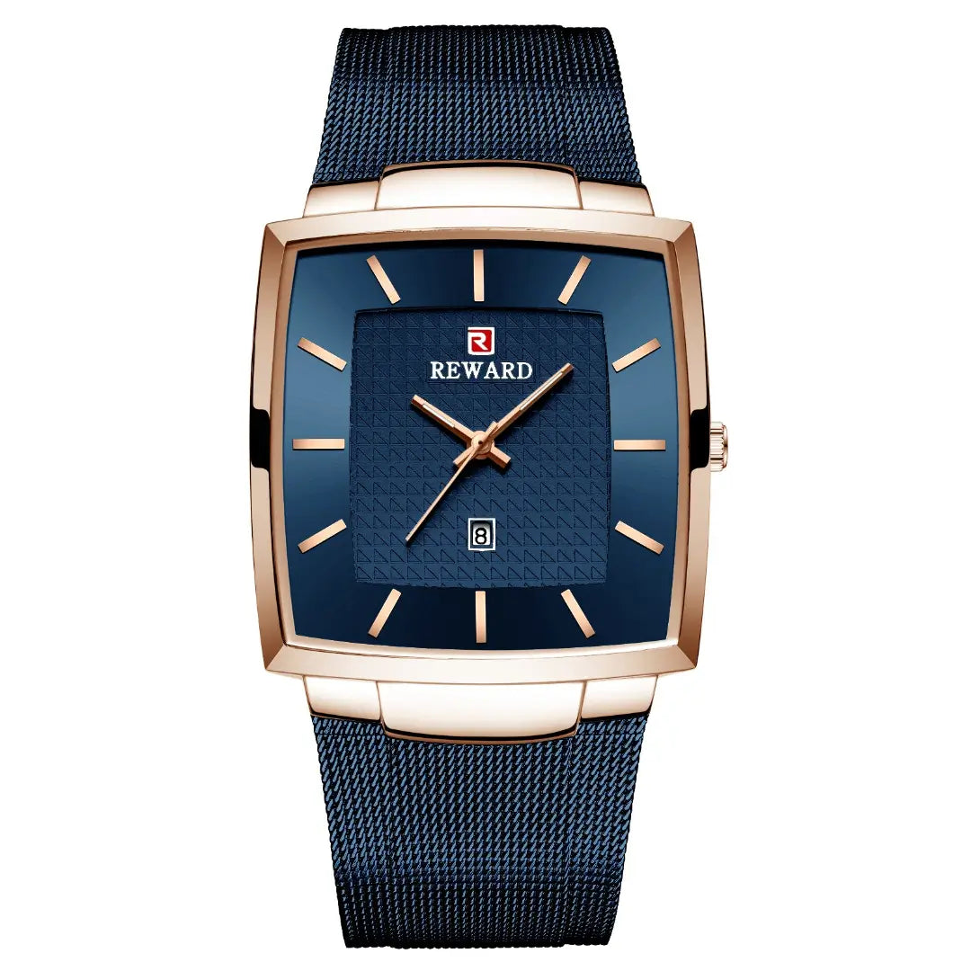 Relógio masculino azul Reward VIP Monaco Date com vista frontal completa, mostrador quadrado e acabamento elegante