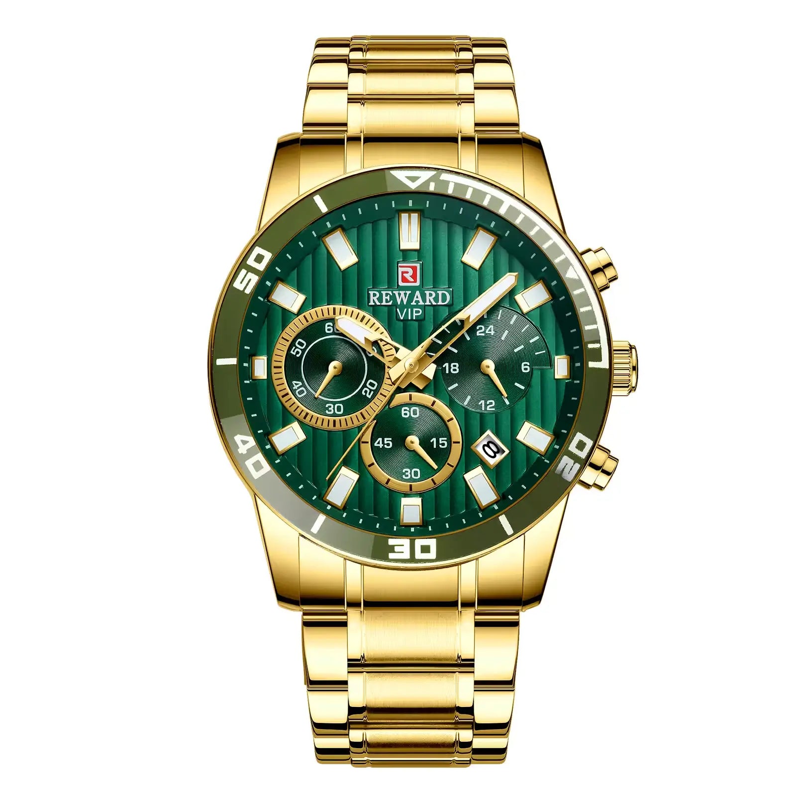 Relógio masculino dourado com mostrador verde – vista frontal
