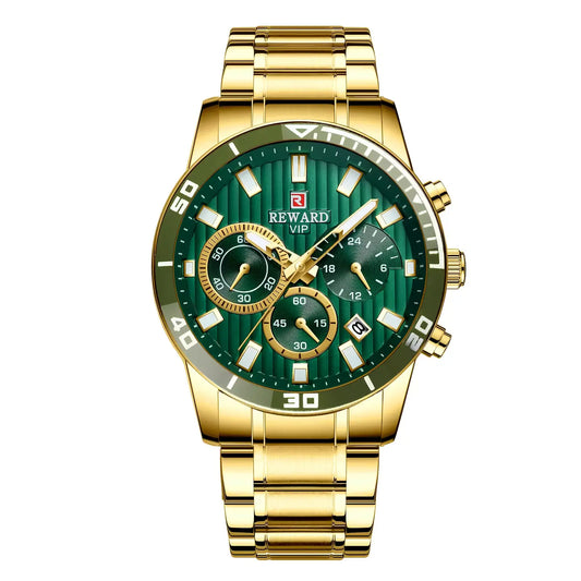 Relógio masculino dourado com mostrador verde – vista frontal
