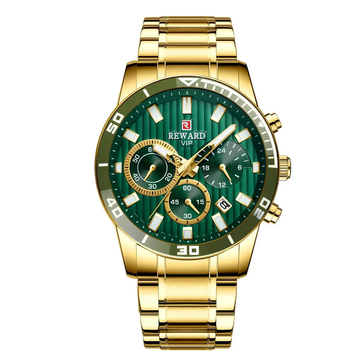 Relógio masculino dourado com mostrador verde – vista frontal
