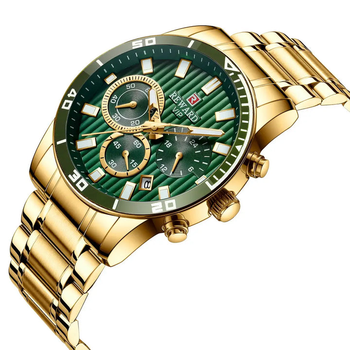 Relógio masculino Dourado com mostrador verde Reward VIP Aurion com movimento quartzo