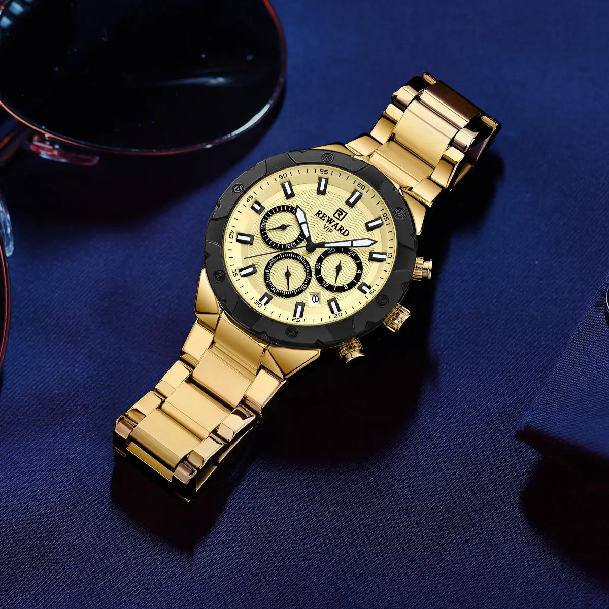 Relógio masculino dourado Reward VIP Legacy com movimento quartzo e aço inoxidável