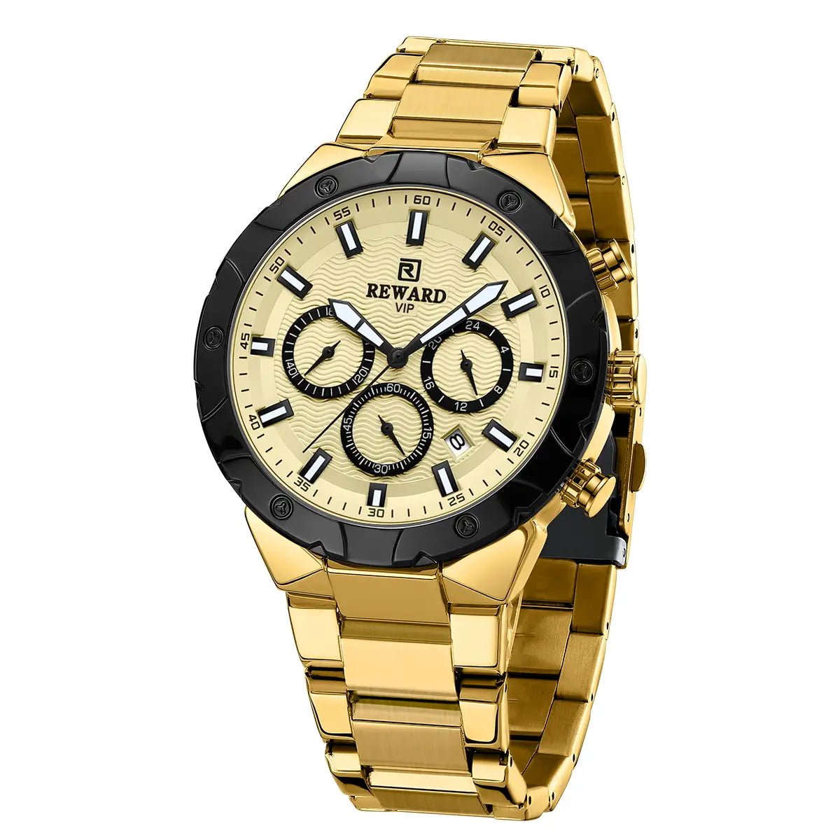 Relógio masculino Dourado Reward VIP Legacy com movimento quartzo e cristal mineral