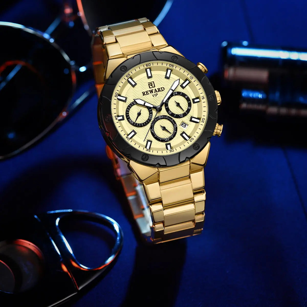 Relógio masculino dourado Reward VIP Legacy com movimento quartzo
