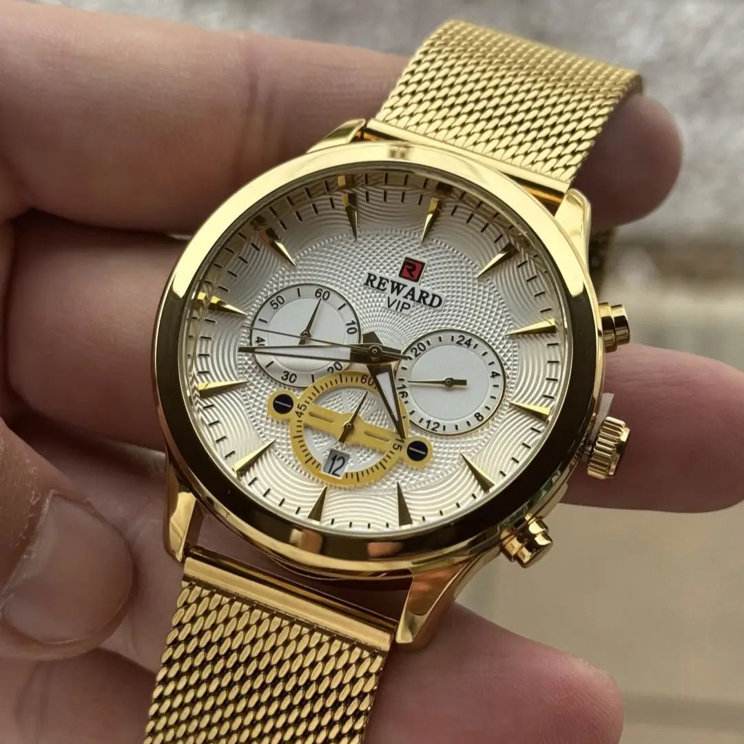 Mostrador do relógio masculino dourado Reward VIP Linear com acabamento refinado, marcadores elegantes e design minimalista