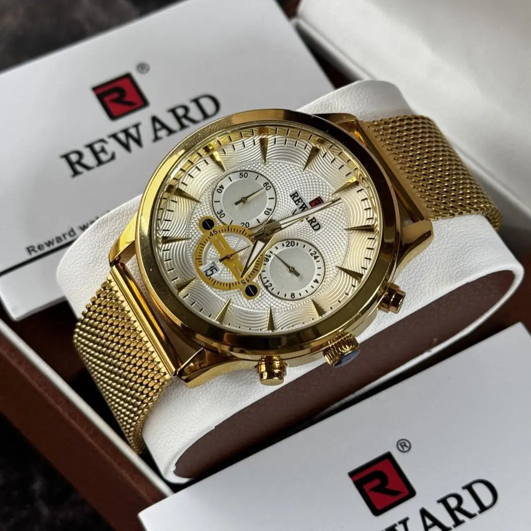 Relógio masculino dourado Reward VIP Linear exibido na caixa original, destacando acabamento premium e apresentação sofisticada