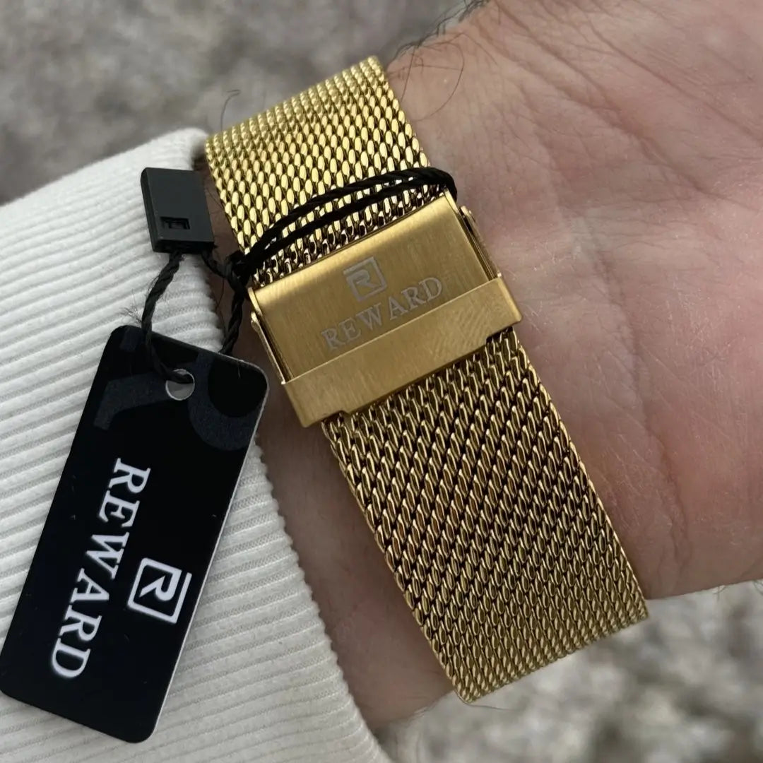 Pulseira metálica do relógio masculino dourado Reward VIP Linear com acabamento polido, fecho oculto e visual sofisticado