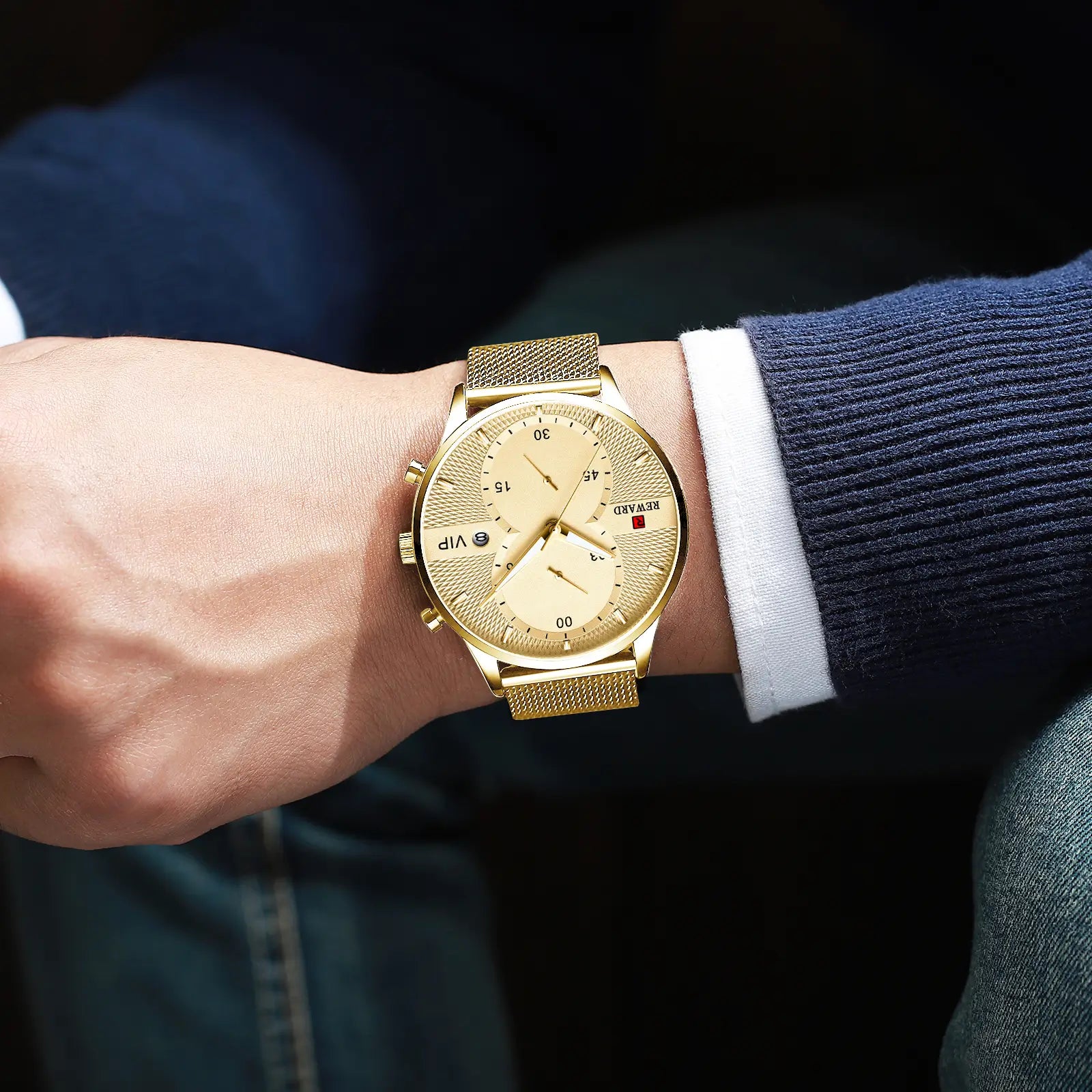 Relógio masculino dourado casual Reward VIP Linéar com movimento quartzo e data