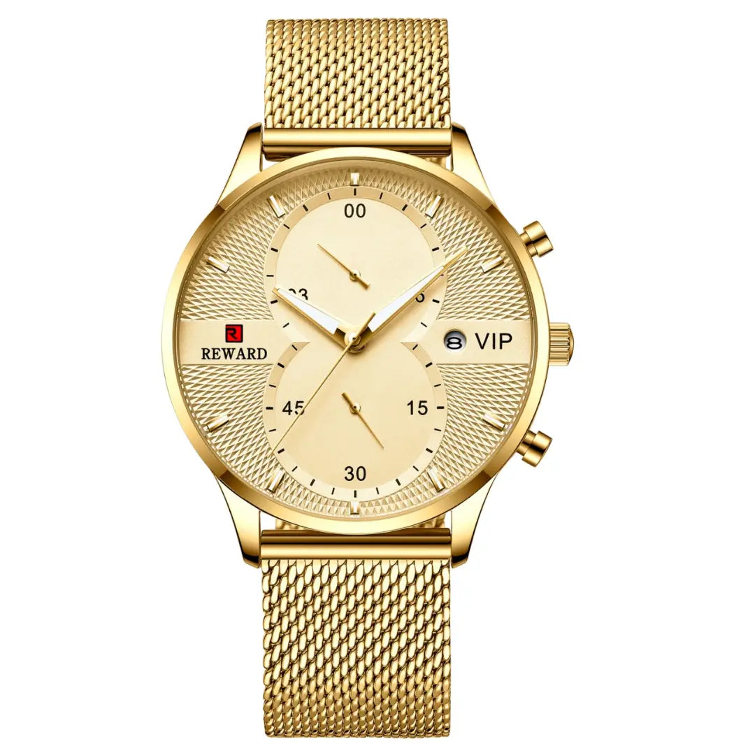 Relógio masculino dourado reward vip linéar com movimento quartzo