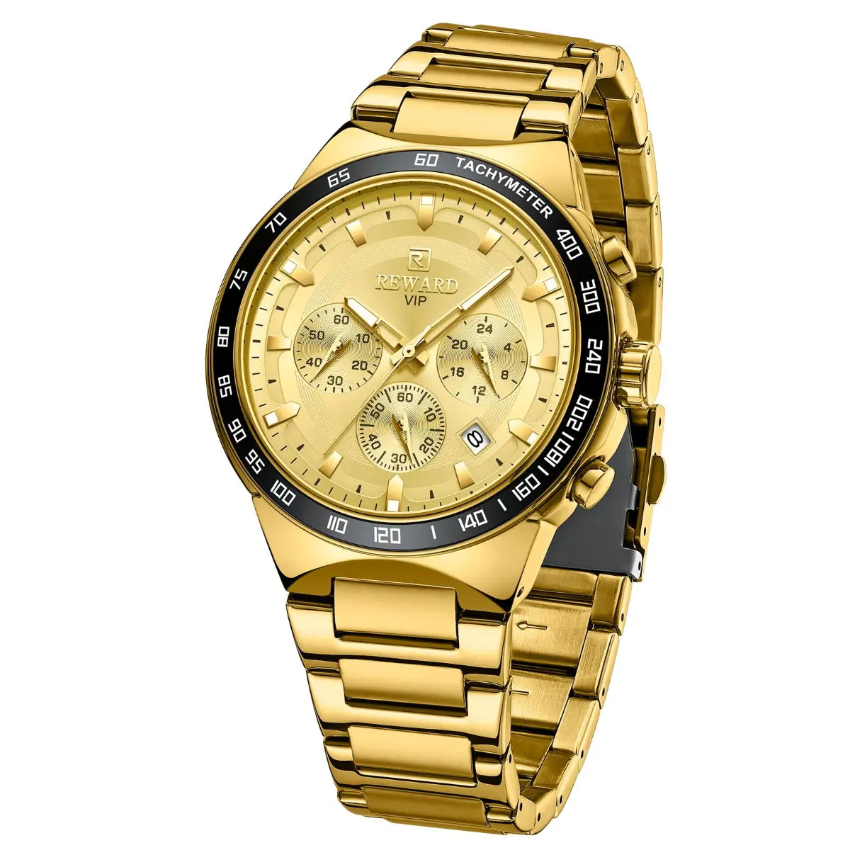 Relógio masculino na cor dourada do modelo Reward VIP Magnus, com movimento de quartzo preciso, ideal para homens que valorizam sofisticação com funcionalidade no dia a dia.