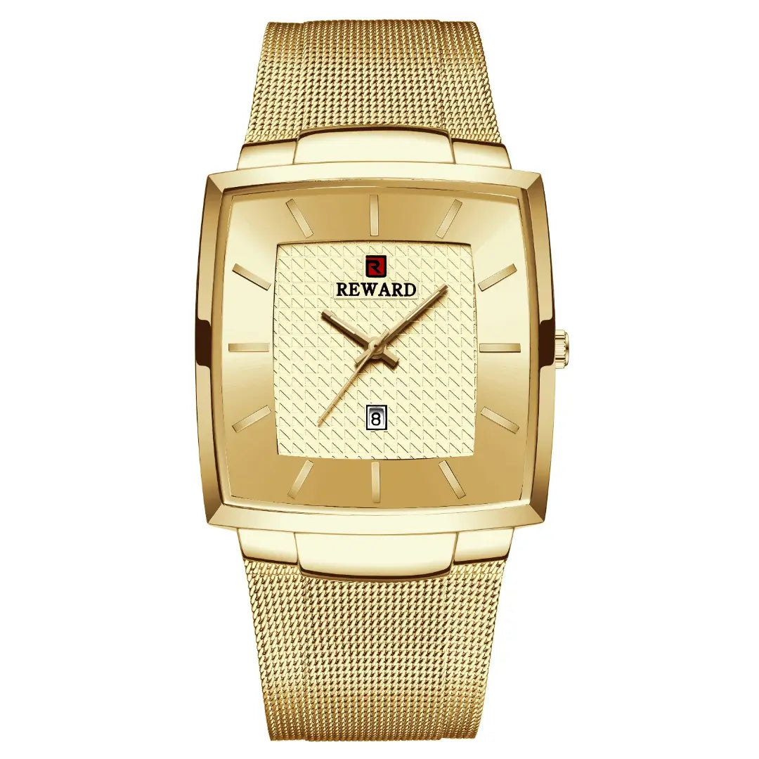 Relógio masculino dourado Reward VIP Monaco Date com caixa quadrada, mostrador refinado e acabamento de alto padrão