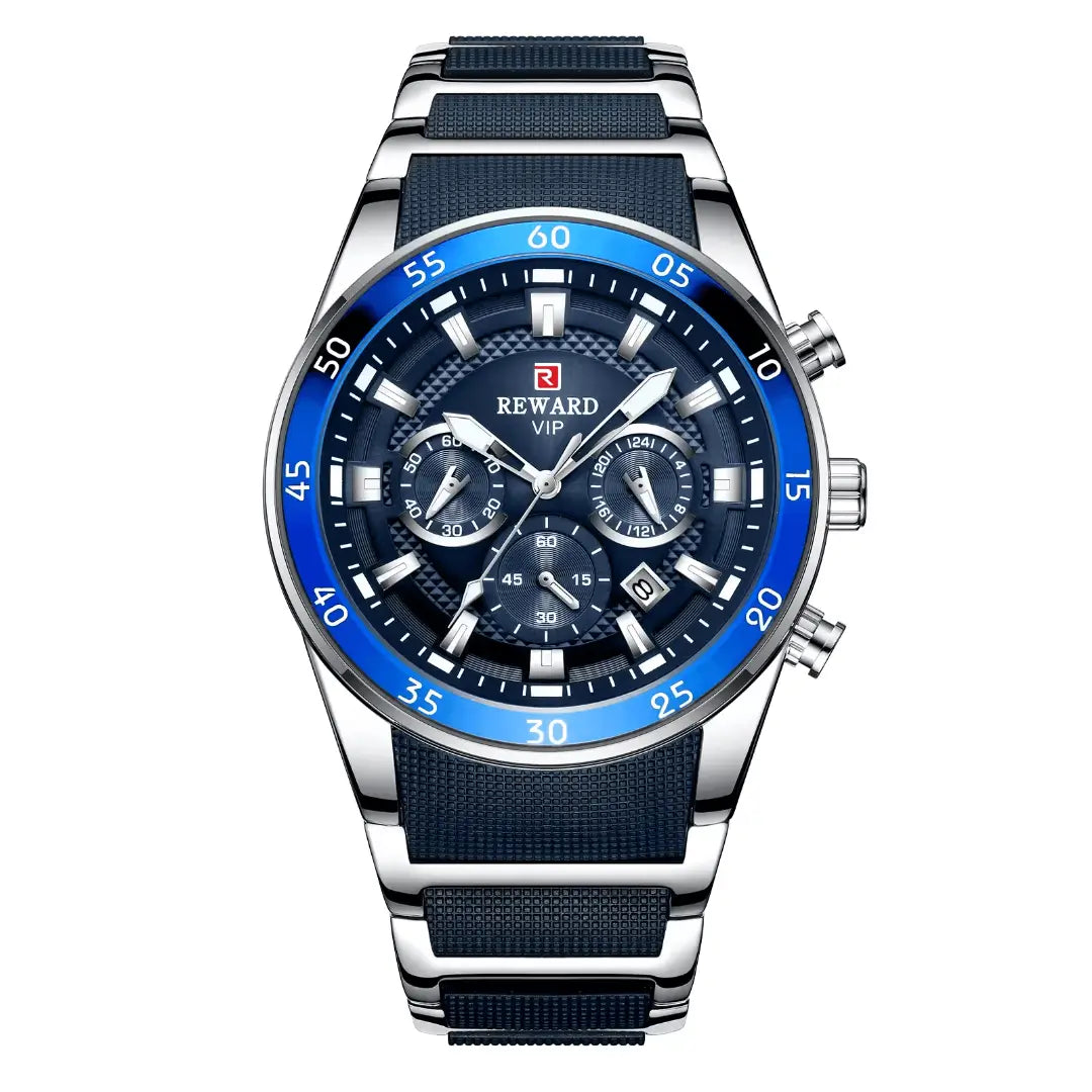 Vista frontal do relógio masculino esportivo azul Reward VIP Cronos Sport com mostrador detalhado, caixa robusta e estilo dinâmico para uso diário ou esportivo