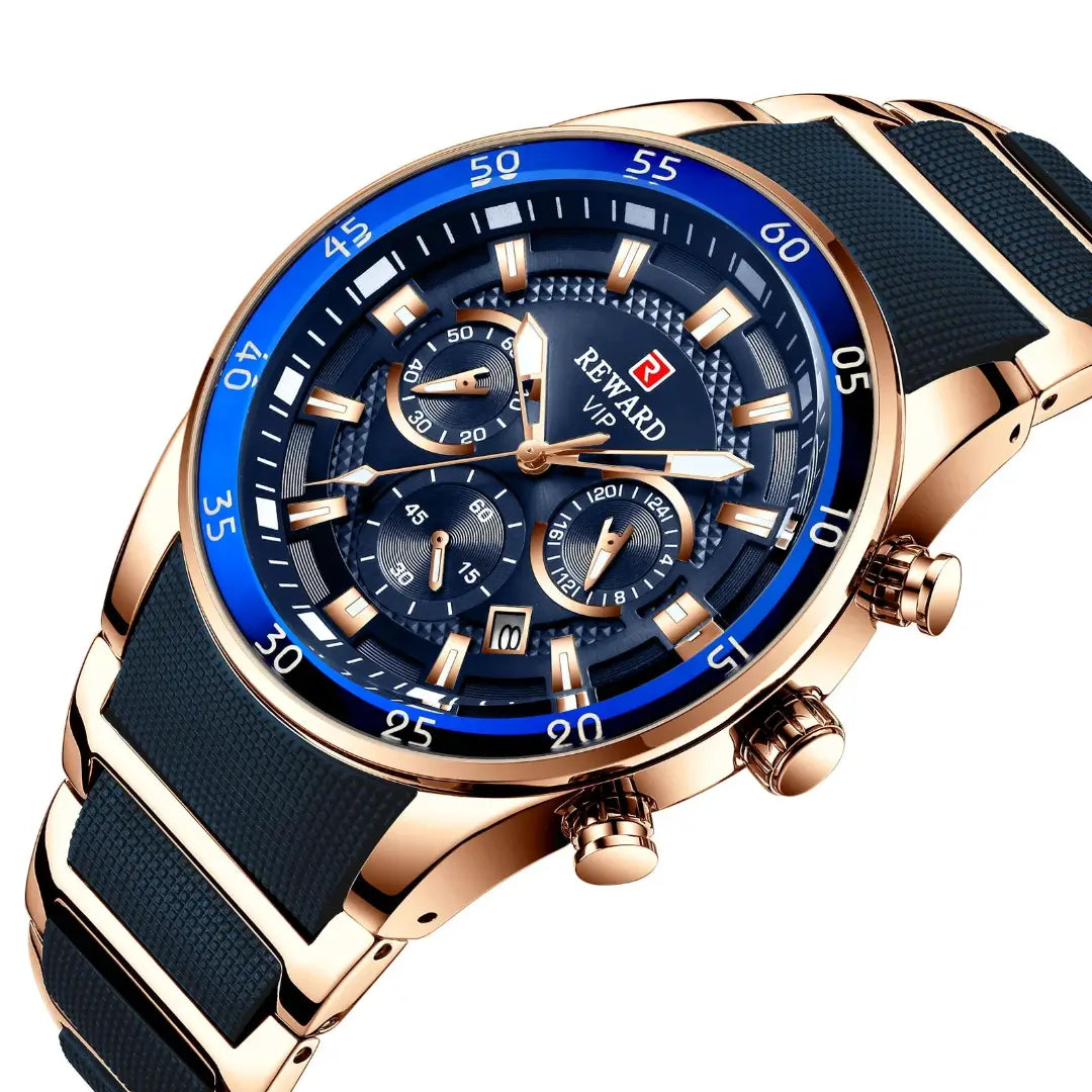 Close no cronógrafo do relógio masculino esportivo Reward VIP Cronos, com acabamento dourado e mostrador azul. Estilo marcante, ideal para homens exigentes.