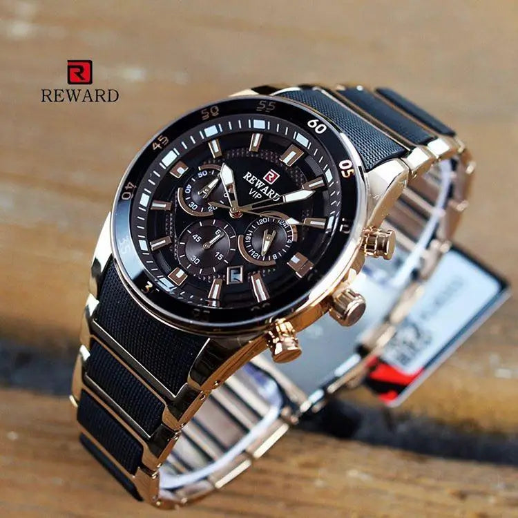 Relógio masculino esportivo preto e dourado Reward VIP Cronos em vista completa, com mostrador multifuncional, pulseira resistente e acabamento marcante