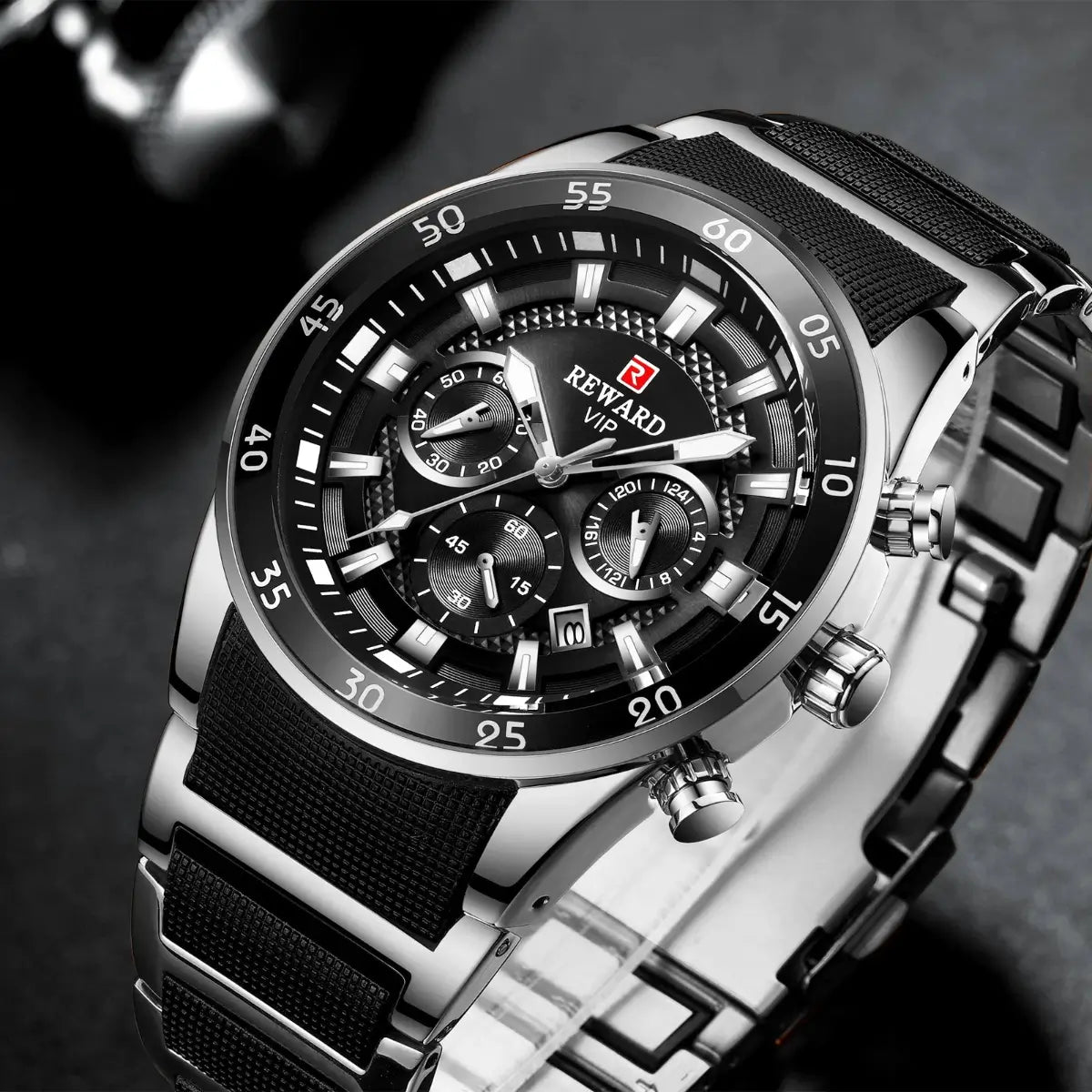 relogio masculino sofisticado reward vip com pulseira preta em silicone envolta em aço inoxidável com mostrador preto e cronógrafo em prata