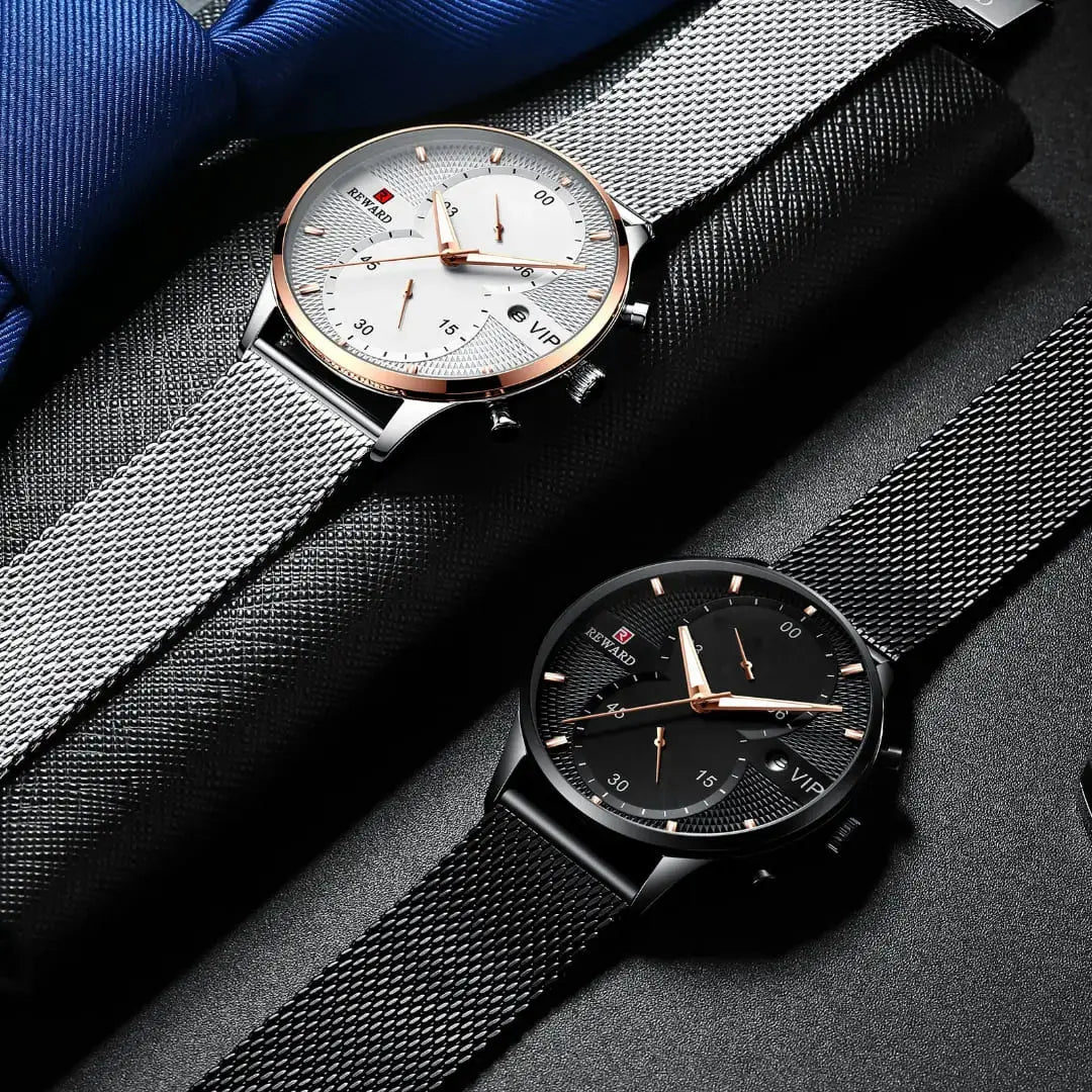 Pulseira metálica prata e preta do relógio masculino Reward VIP Linear, com acabamento polido e design moderno