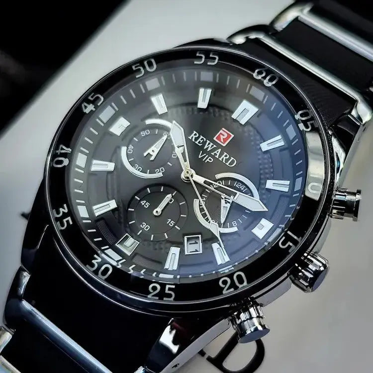 Vista completa do relógio masculino prata esportivo Reward VIP Cronos Sport, com mostrador multifuncional, pulseira metálica e design robusto e moderno
