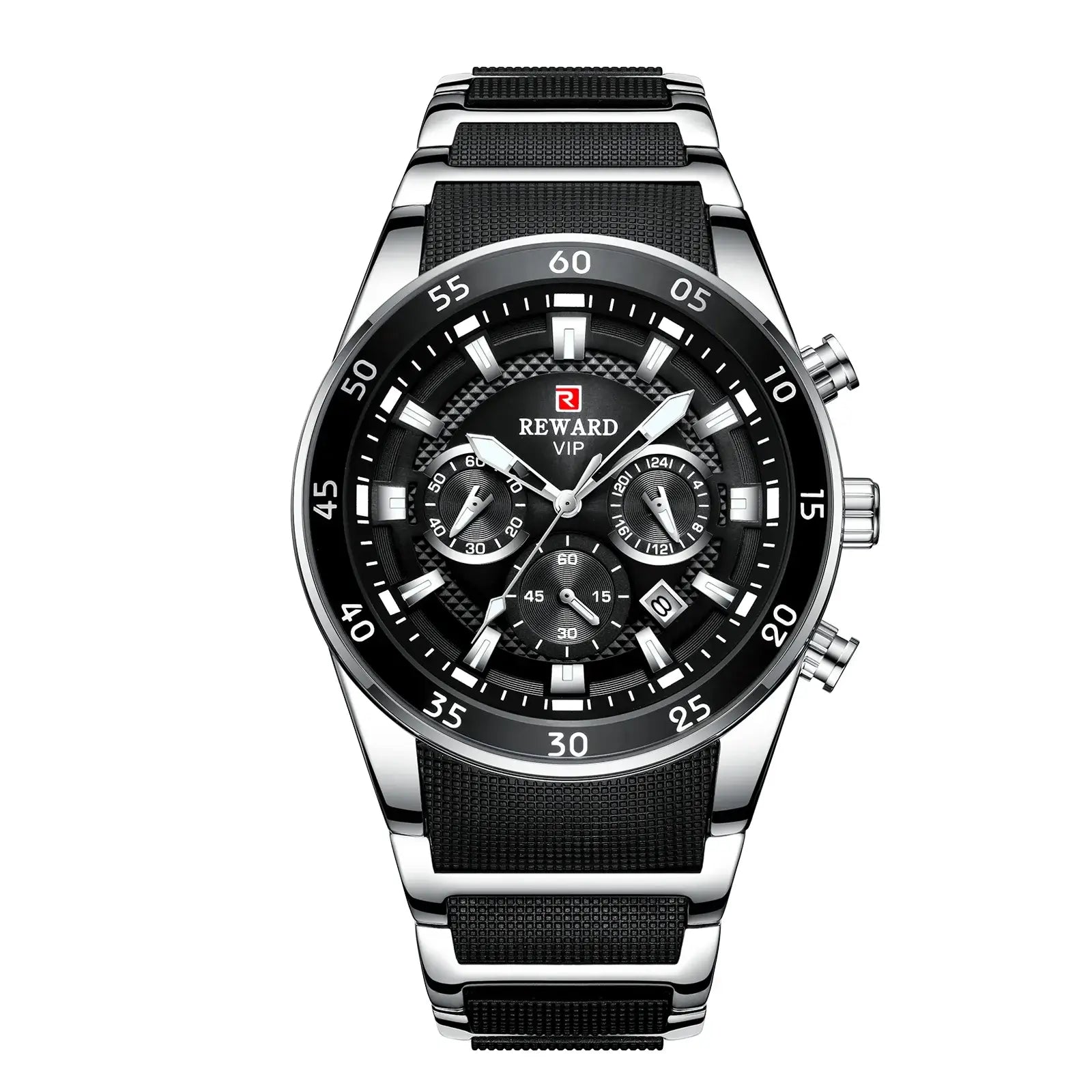 relogio masculino sofisticado reward vip com pulseira preta em silicone envolta em aço inoxidável com mostrador preto e cronógrafo em prata