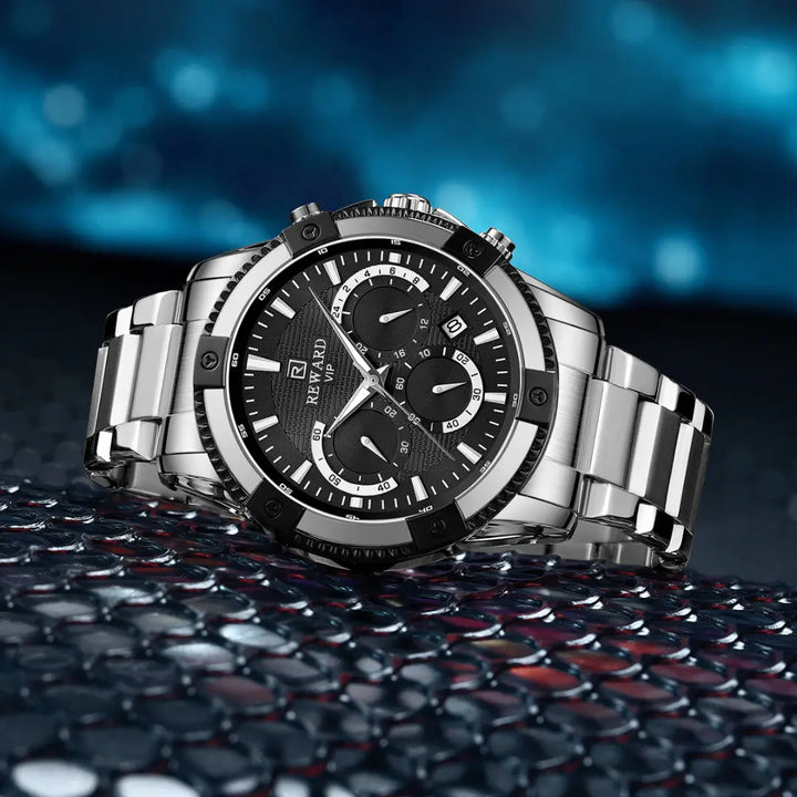 Relógio masculino Prata com mostrador preto Reward VIP Vanguard - vista do cristal