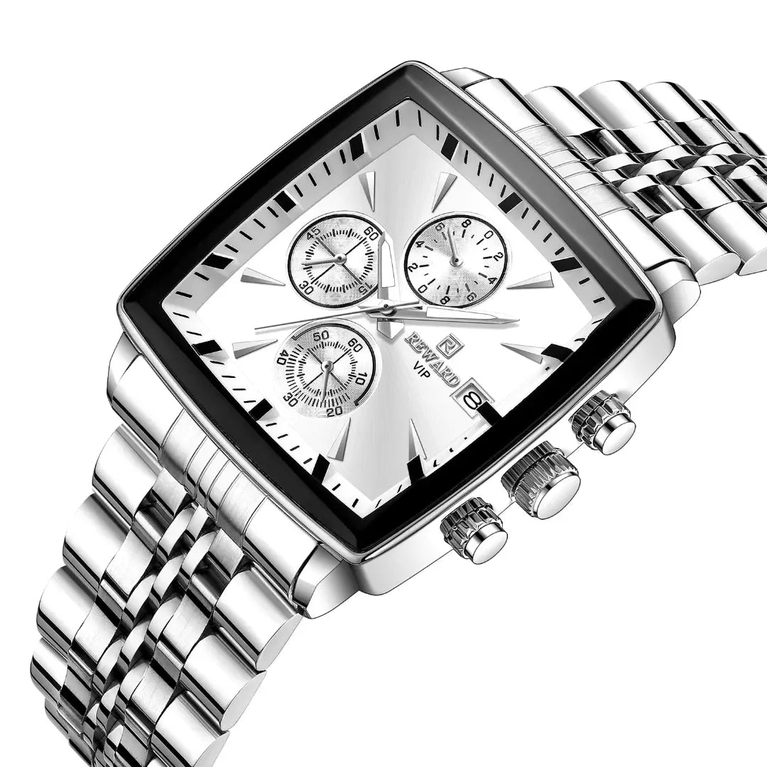 Relógio Masculino quadrado reward vip monaco um modelo feito em aço com design quadrado mostrador prata pulseira em aço polido