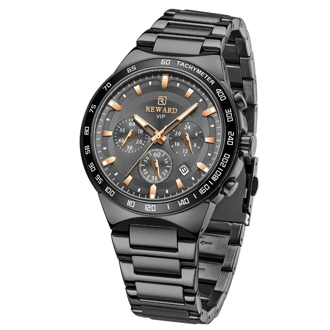 Imagem lateral do relógio masculino preto casual Reward VIP Magnus, evidenciando a caixa robusta e o acabamento refinado para um estilo moderno.