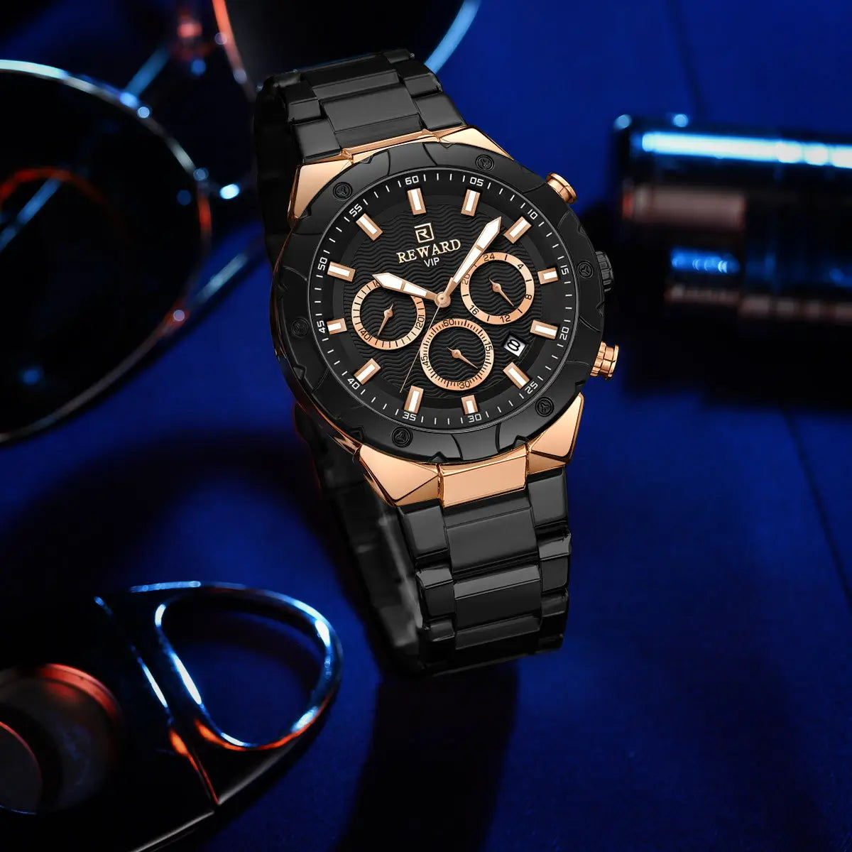 Relógio masculino Preto com detalhes em bronze Reward VIP Legacy com movimento quartzo e cronógrafo
