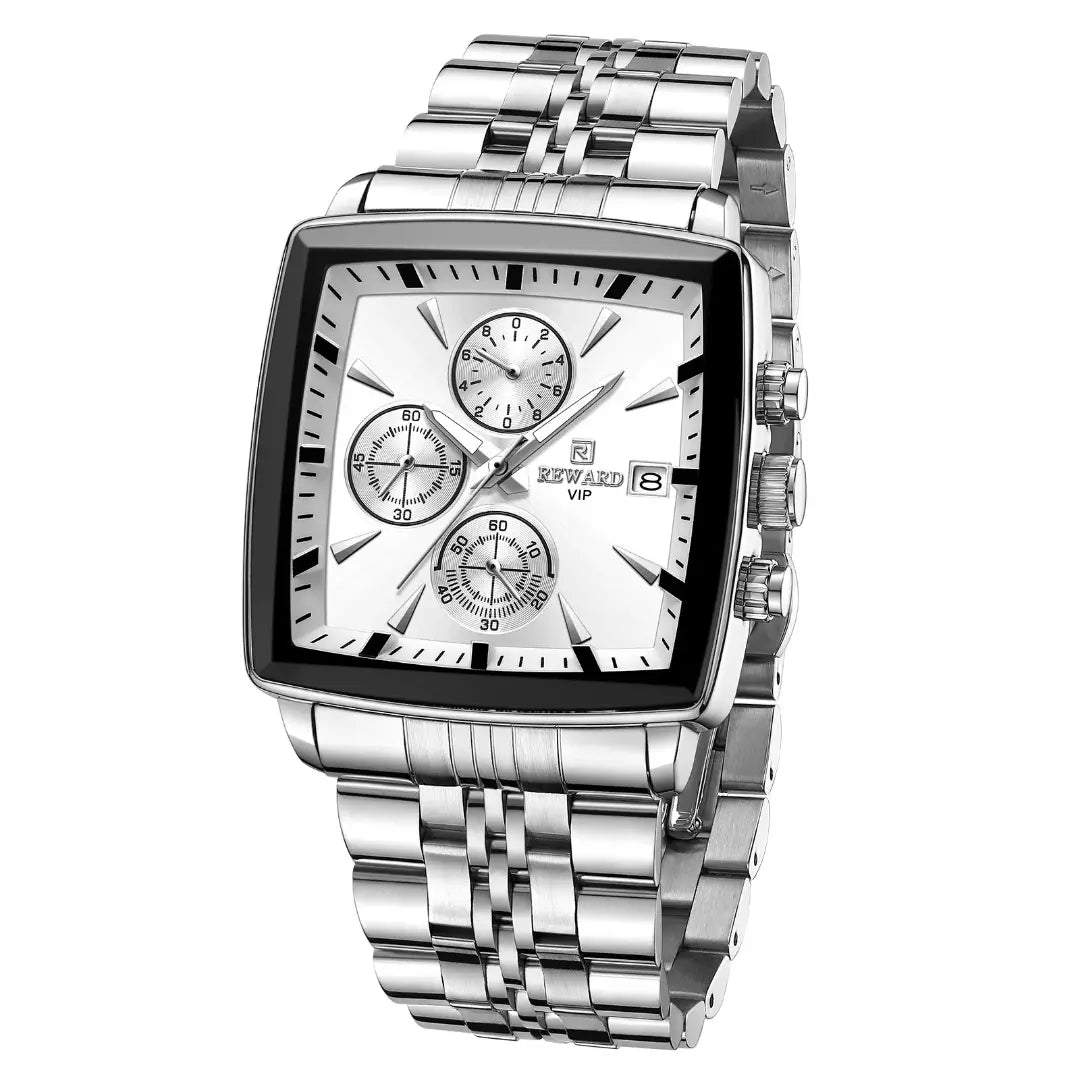 Relógio masculino quadrado prata Reward VIP Monaco Chronograph com mostrador prateado e cronógrafo funcional em destaque