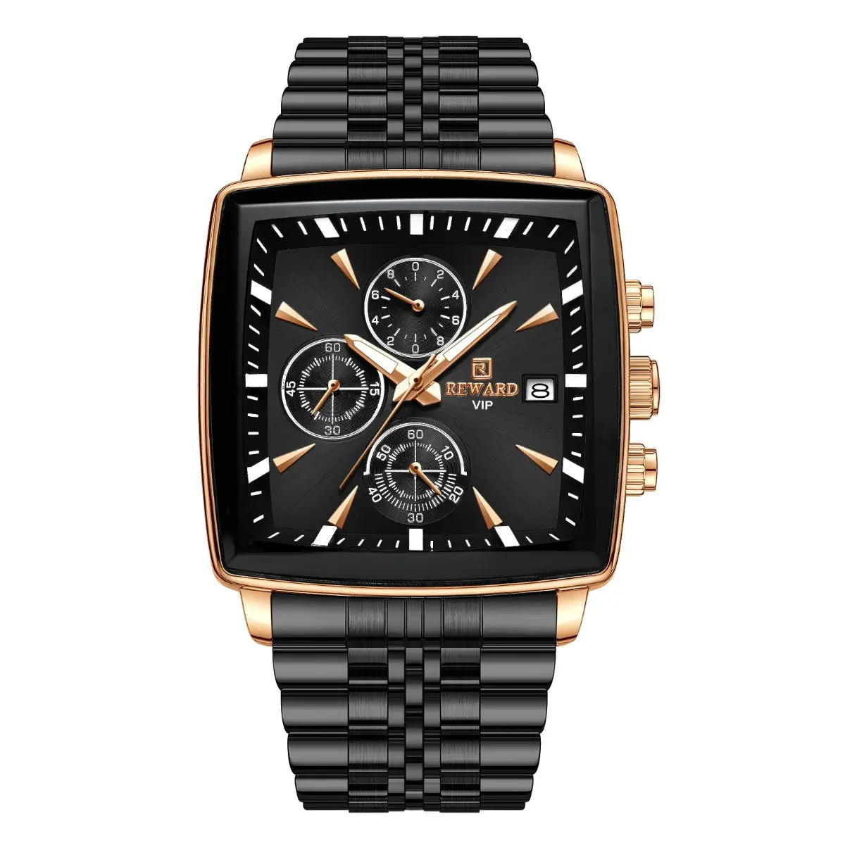 Close frontal do relógio masculino quadrado preto Reward VIP Monaco, mostrando detalhes do mostrador e caixa com acabamento sofisticado