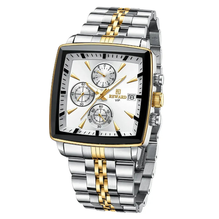 relógio masculino social reward vip monaco com formato da caixa quadrado, mostrador branco, pulseira prata com dourado e mecanismo quartzo.  