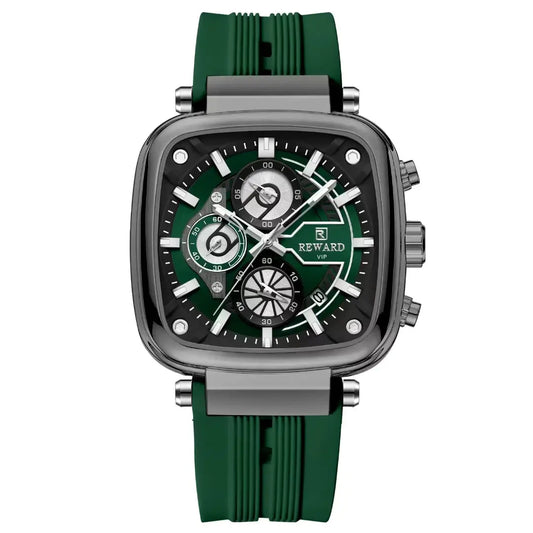 Relógio masculino quadrado verde com mostrador verde – vista frontal