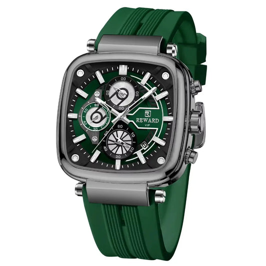 Relógio masculino quadrado verde REWARD VIP – caixa fosca vista lateral