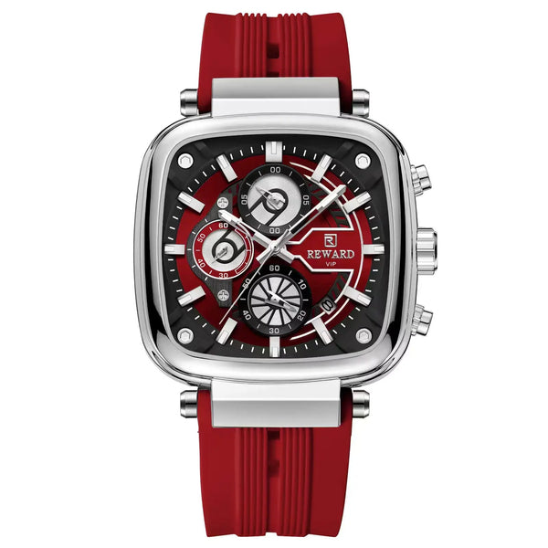 Relógio masculino quadrado prata com mostrador vermelho– vista frontal