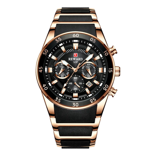 Relógio masculino Reward VIP Cronos Gold com caixa dourada, pulseira preta texturizada e mostrador cronógrafo com detalhes sofisticados.