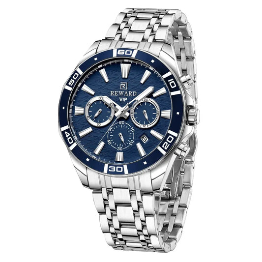 elógio masculino REWARD VIP com mostrador azul marinho, cronógrafo funcional, caixa e pulseira em aço inoxidável prateado, marcadores metálicos em relevo e detalhes polidos de alto brilho.