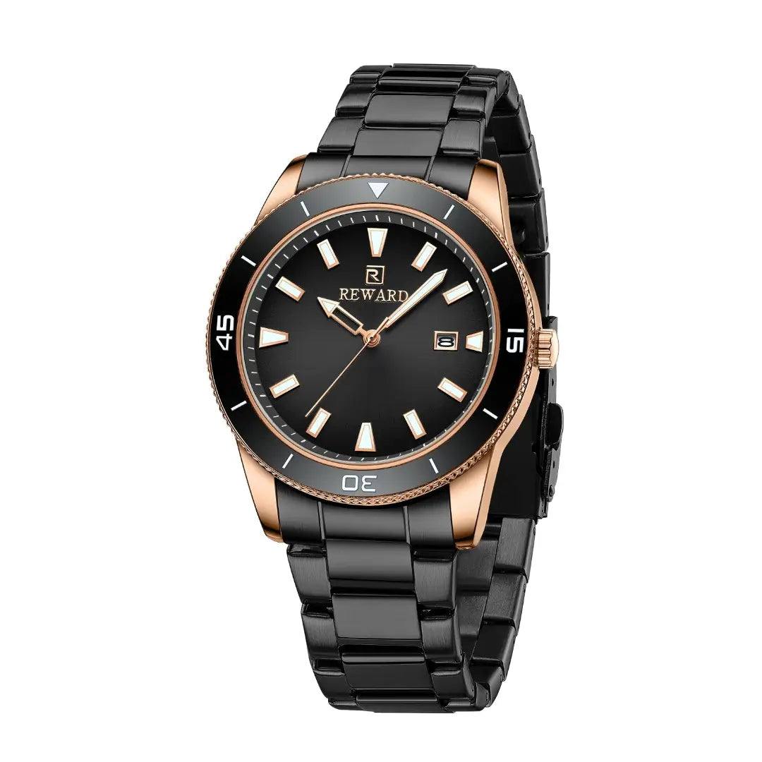 Relógio masculino preto Reward VIP Heritage Ouro negro vista lateral