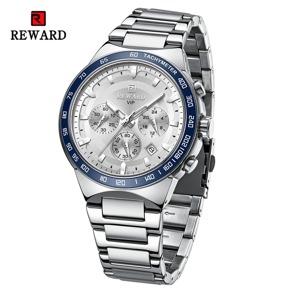 Relógio masculino REWARD VIP Magnus com pulseira de aço inox prateado e mostrador branco, design sofisticado com cronógrafos funcionais e taquímetro.