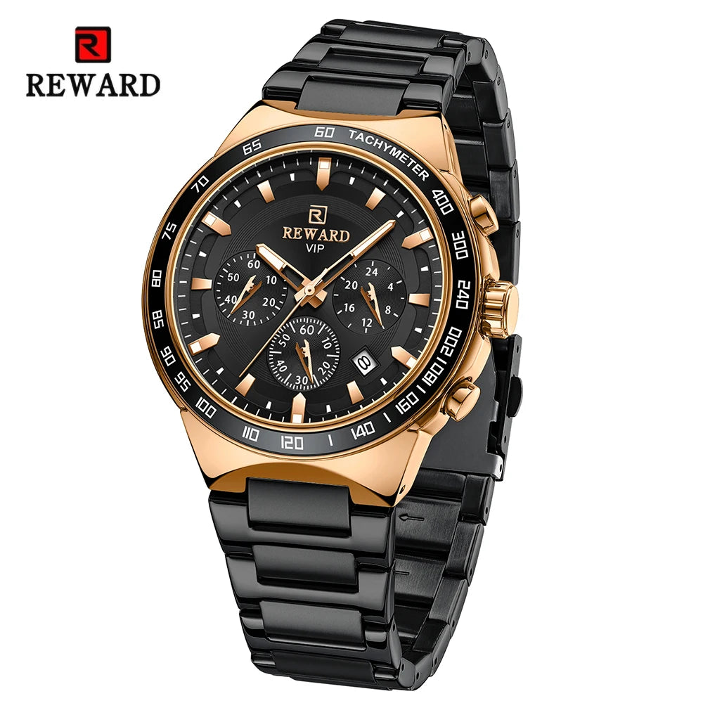 O relógio masculino REWARD VIP Magnus combina o preto elegante com o dourado sofisticado. Design marcante, cronógrafo funcional e presença imponente. Luxo acessível para homens de atitude.