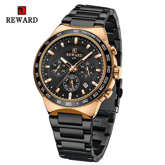 O relógio masculino REWARD VIP Magnus combina o preto elegante com o dourado sofisticado. Design marcante, cronógrafo funcional e presença imponente. Luxo acessível para homens de atitude.