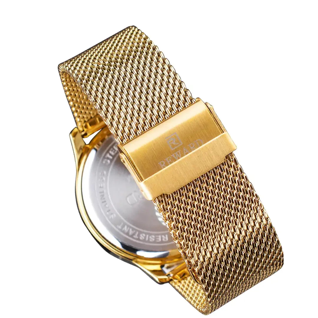 relógio masculino reward vip dourado - vista da pulseira e caixa.